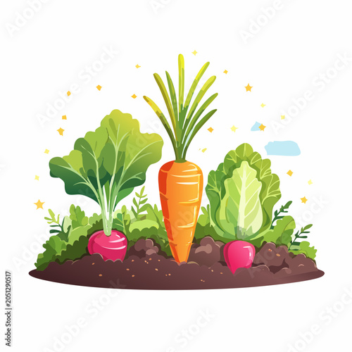 Colorful Illustration of Freshly Grown Organic Vegetables Thriving in a Small Home Garden Patch Under a Starry Sky