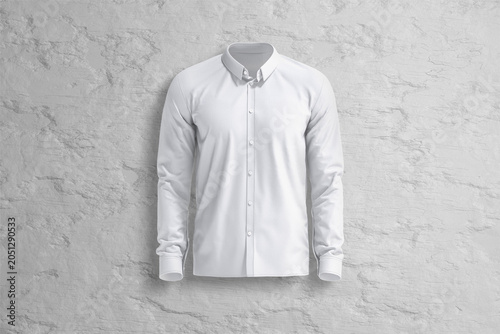 Blank white men dress shirt mockup, grey textured background, 3d rendering. Empty classic cotton button down shirt, front view. Clear male neat blouse with collar for elegant formal wear template.