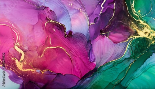 Abstract Fluid Art Painting Background In Alcohol Ink Technique Mixture Of Magenta Purple And Green Paints Transparent Overlayers Of Ink Create Glowing Golden Veins And Gradients