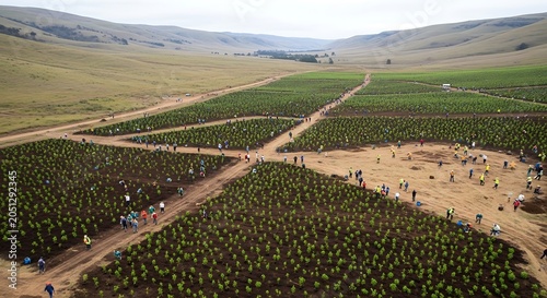 Aerial view of a vast reforestation project with numerous people planting saplings across rolling green hills