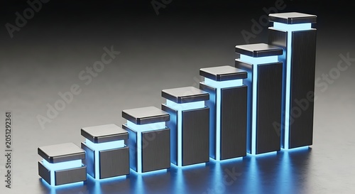 Industrial Dark Gray Stacked Blocks with Blue Glow Increasing in Height