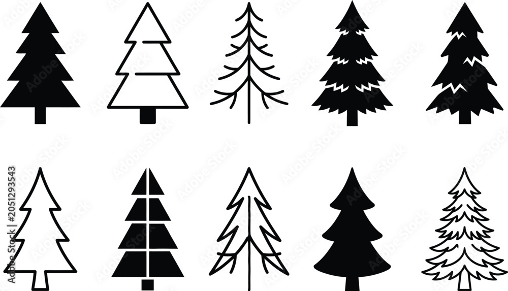 Obraz premium Black and white evergreen tree silhouettes collection