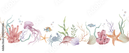 Hand Painted Watercolor Marine Life Seamless Border Clipart, Isolated Underwater Sea Elements, Coral Reef, Jellyfish, Crab, Starfish, Seaweed Vector Banner. vector EPS.