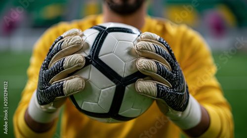 Close up of a goalkeeper holding a football ball