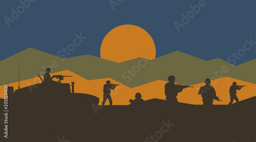 Bild auf Leinwand Silhouette of soldiers with tank at sunset.