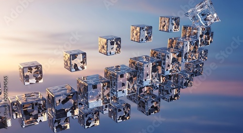 Shimmering Glass Cubes Floating in Sunset Sky