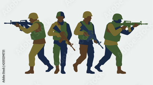 Tableau sur toile Soldiers in tactical gear walking in formation.