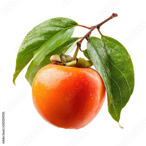 Ripe orange persimmon fruit with green leaves and water drops