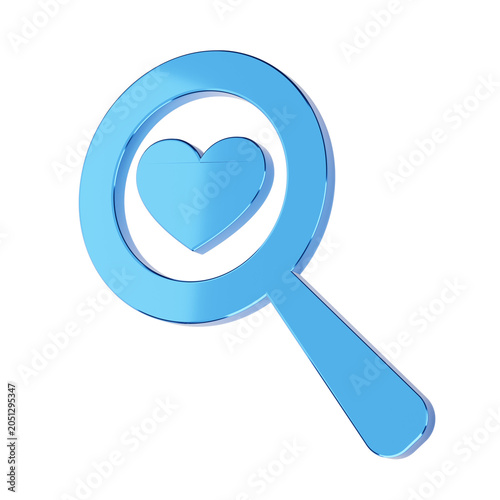 3D Rendering Blue Glossy Magnifying Glass with Heart Love Find Favorite Icon on Black Background