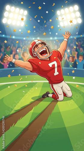 Cartoon American football player celebrating a memorable victory before cheering fans.