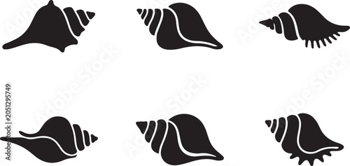 Collection of Various Seashell Silhouette Icons - Marine Life Vector.