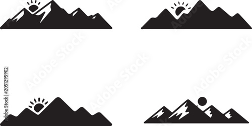 Mountain Peak with Sun Silhouette Set - Nature Landscape Icon Pack.