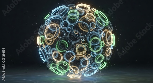 Glowing Multicolor Neon Ring Sphere Floating in Dark Space