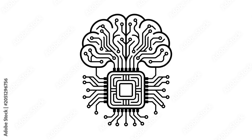 Fototapeta premium Neural network brain connected to a vertical microchip icon.