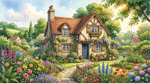 Charming Cottage Garden Oasis A Watercolor Dreamscape of Blooming Flowers and English Countryside Charm