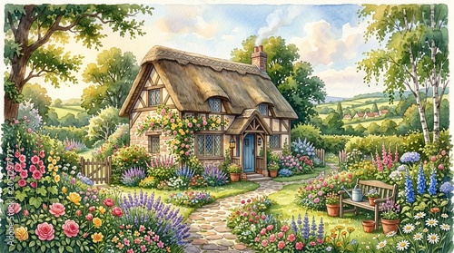 Realistic thatched cottage nestled in a lush garden with forest trees and colorful summer flowers