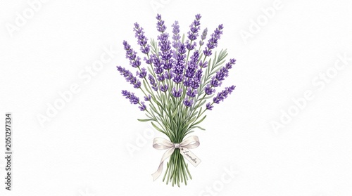 Exquisite Watercolor Bunch of Aromatic Lavender Blooms, Elegantly Tied with a Ribbon