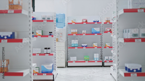 Fotografía Empty drugstore equipped with medical supplies and products, vitamins and health