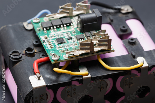 Packed lithium battery with bms available on black background.For wireless tools.