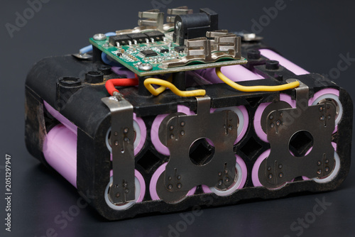 Packed lithium battery with bms available on black background.For wireless tools.
