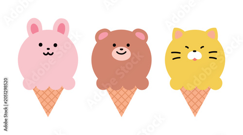 Set of 3 cute animal ice cream cones featuring a pink bunny, a brown bear, and a yellow cat scoop. Minimalist vector illustration of sweet summer desserts isolated on a white background for kids.