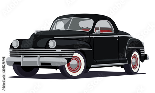 Quadro su tela Classic vintage black coupe car from the 1940s with whitewall tires and red rims, vector illustration isolated on white background
