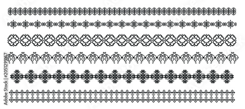 Ornamental pixel dividers. Seamless black borders. Floral and geometric motif. Vintage gothic style frames elements .Ethnic filigree lace trims. Vector flat style isolated minimalist art illustration