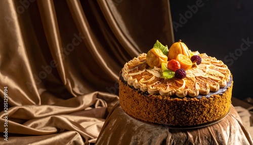 A whole round fruitcake topped with decorative dried fruit and berries, presented sumptuously against draped fabric