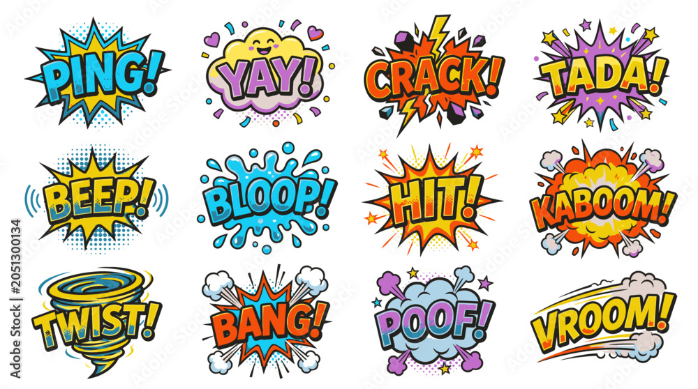 Naklejka premium Playful comic book sound effect bubbles for graphic designers.