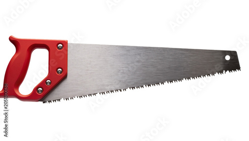 Cuadro en lienzo Red handled hand saw with metal blade and sharp teeth