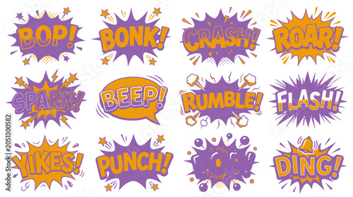 Purple and orange comic book speech bubbles with sound effects.