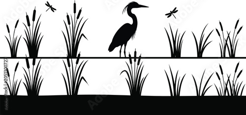 Tableau sur toile Great blue heron silhouette in a lake with cattails and dragonflies, minimalist wetland vector illustration