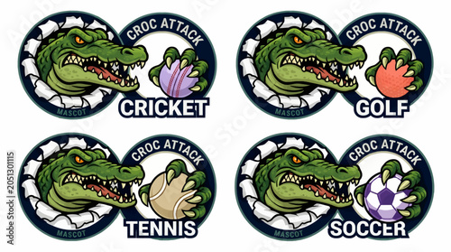 Aggressive Crocodile Mascot Attacking Sports Balls: Cricket, Golf, Tennis, Soccer, Vector Illustration