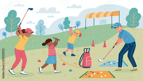 Children learning golf with coach at driving range