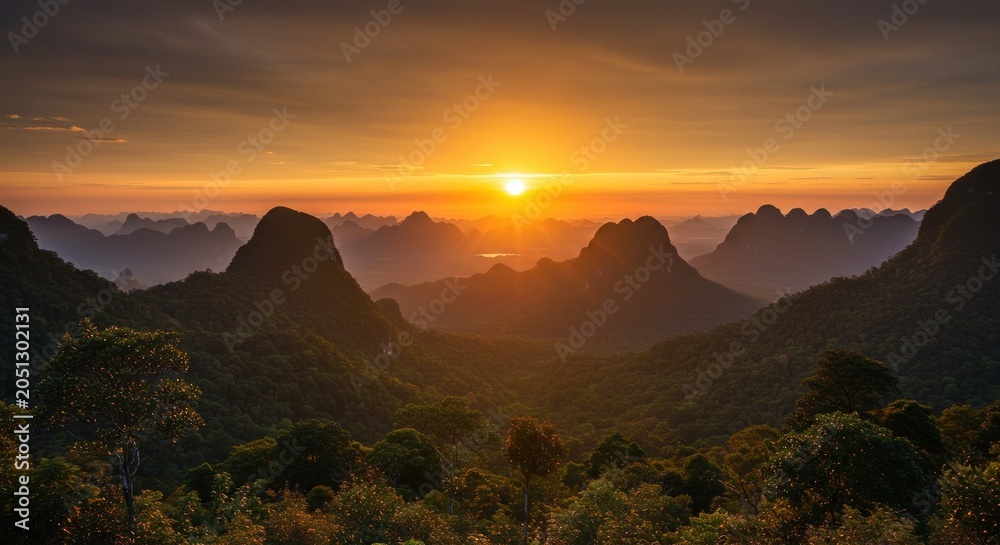 Obraz premium Sunset over mountain range landscape.