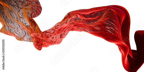 3D abstract red ribbon wave with textured surface on transparent background, flowing organic geometry