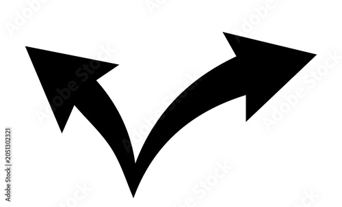 Foto Black silhouette of two branching arrows pointing in opposite directions with di