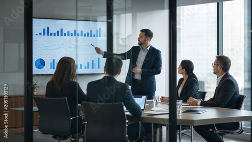 Businessman presents data to colleagues in a modern office conference room with a screen.