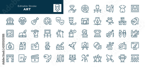 Art and culture outline icons set. Creativity, sculpture, architecture, museum, theater, gallery and painting. Line icon in linear style. Vector collection	