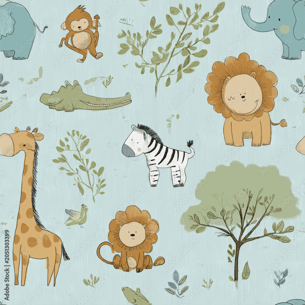 Fototapeta premium Safari animals pattern with giraffes, elephants, and lions on a light blue background. Cute cartoon jungle animals seamless pattern