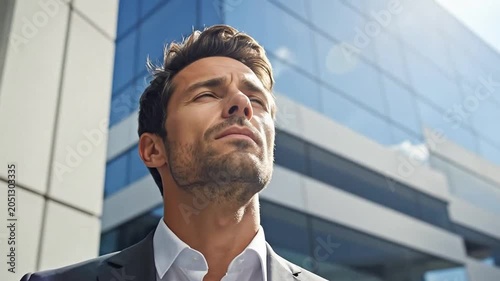 A professional businessman looks upward near a modern glass office building