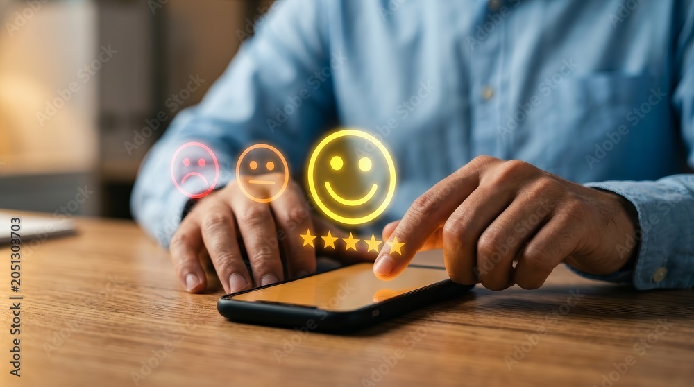 Fototapeta premium Providing customer review satisfaction feedback through a digital service experience rating and survey.
