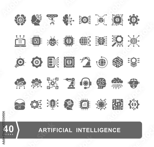 Artificial Intelligence Icon Set features 40 carefully crafted icons representing various aspects of AI, machine learning, neural networks, robotics, automation, data processing, cloud computing.