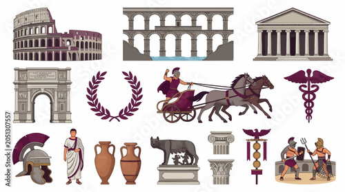 Flat Vector Illustrations of Ancient Roman Icons: Colosseum, Aqueduct, Temple, Arch, Chariot, Caduceus, Gladiator, Wolf Statue, Soldier, Toga