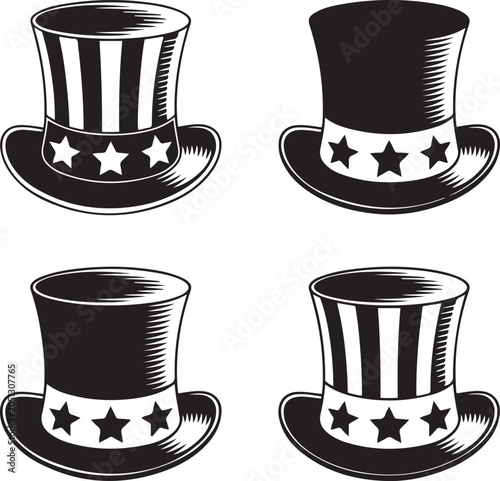 Four patriotic top hats with stars and stripes