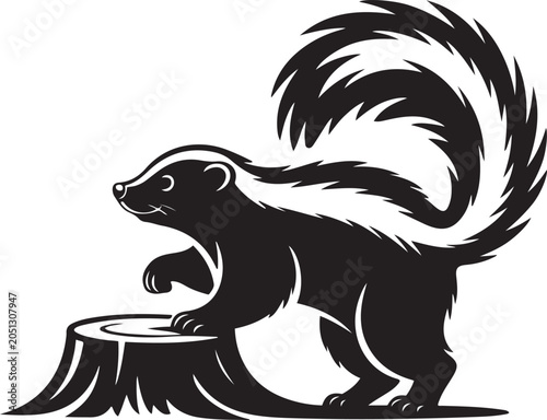 Skunk standing on a tree stump illustration