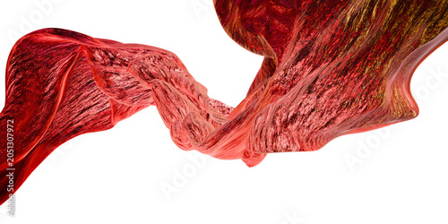 3D abstract red ribbon twist with textured flowing surface on transparent background, dynamic wave geometry
