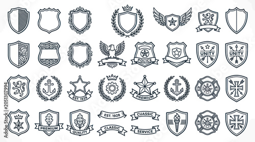 Set of Hand-Drawn Shields, Emblems, Badges, and Crests with Laurels and Stars