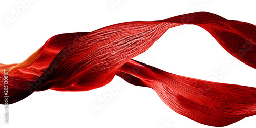 3D abstract red ribbon loop with textured flowing surface on transparent background, dynamic wave design