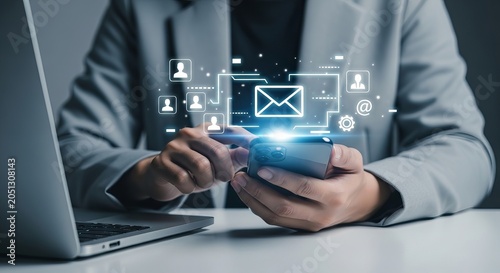 Business professional using smartphone for email communication and networking